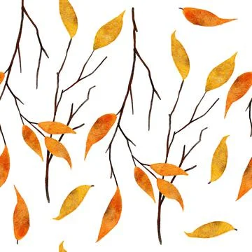 Seamless watercolor hand drawn pattern with yellow orange leaves thin tree Stock Illustration