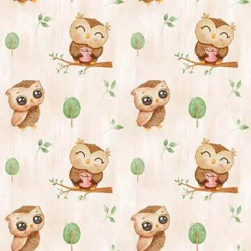 Seamless watercolor hand drawn pattern with cute little owls on tree branch with Stock Illustration