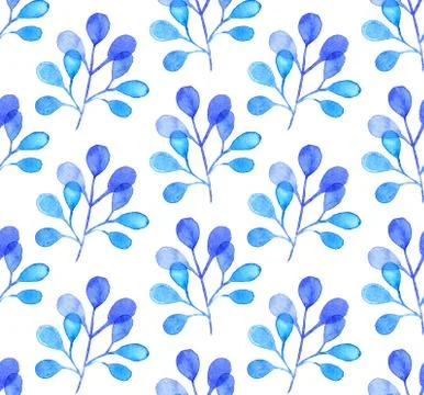 Seamless watercolor pattern background with tree leaves twigs Stock Illustration