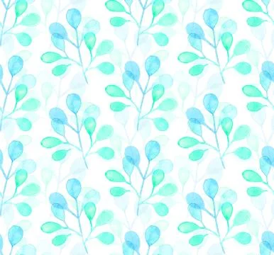 Seamless watercolor pattern background with tree leaves twigs Stock Illustration