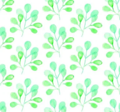 Seamless watercolor pattern background with tree leaves twigs Stock Illustration