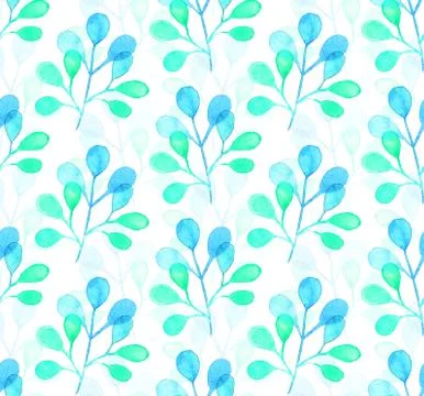 Seamless watercolor pattern background with tree leaves twigs Stock Illustration