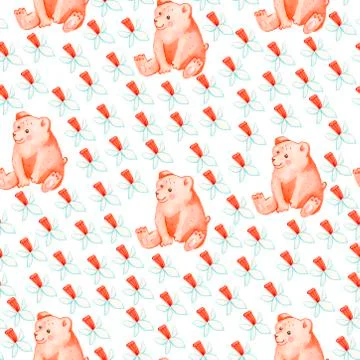 Seamless watercolor pattern with bear,daffodils.Print with a cute animal. Stock Illustration