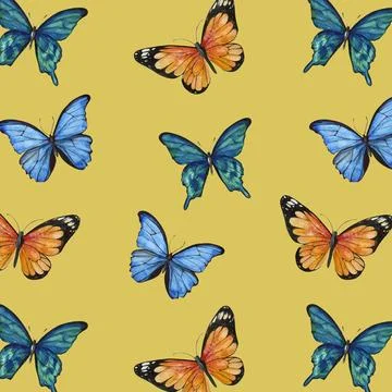 Seamless watercolor pattern of blue red and green butterflies on a yellow Stock Illustration