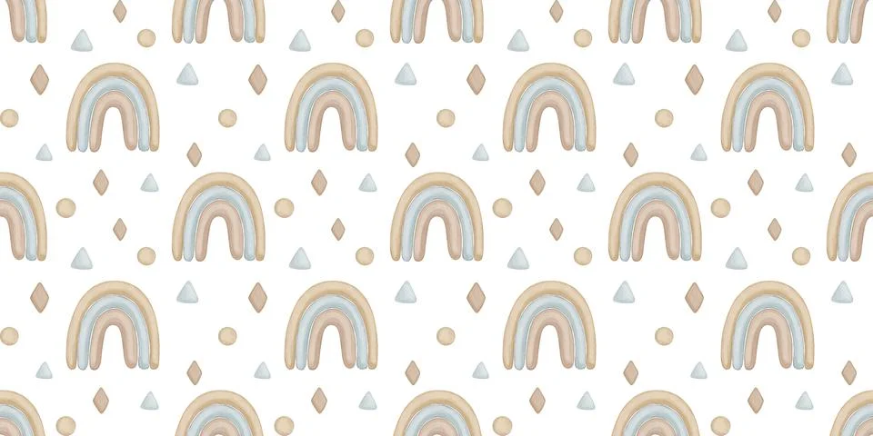 Seamless watercolor pattern with boho rainbow. Repeat background for baby, ki Illustrazione stock