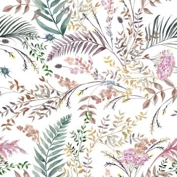 Seamless watercolor pattern with boho style fern branches and leaves drawn Illustrazione stock