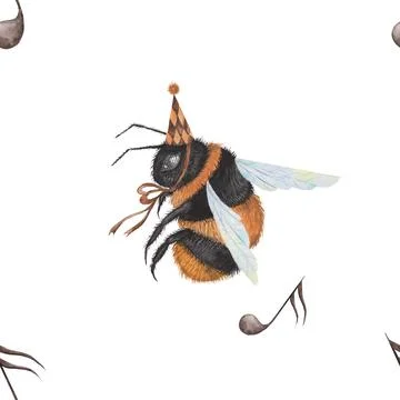 Seamless watercolor pattern bumblebees flying and clover flowers. a bumblebee in Illustrazione stock