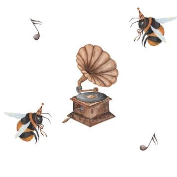 Seamless watercolor pattern bumblebees flying and note. a bumblebee in a festive Illustrazione stock