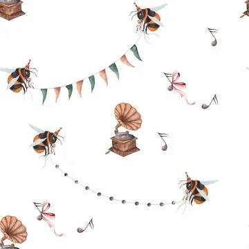 Seamless watercolor pattern with bumblebees, keys, gramophone, musical notes 스톡 일러스트