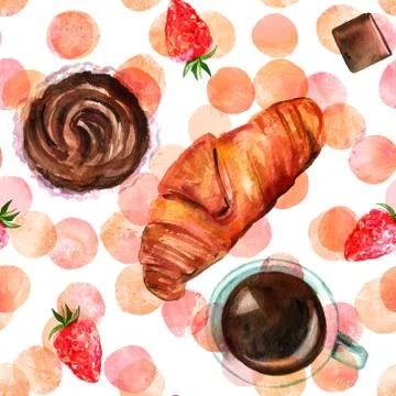 Seamless watercolor pattern with coffee, sweets, and dots Illustrazione stock