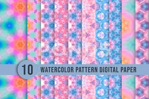 Seamless watercolor pattern collection with floral design. Digital geometric  PSD Template