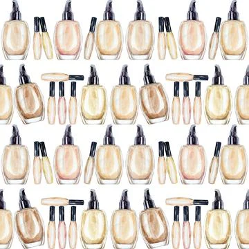 Seamless watercolor pattern with colored foundation bottles. Stock Illustration