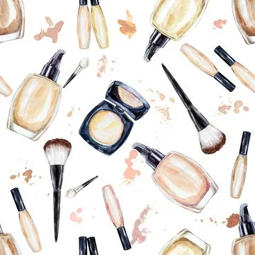 Seamless watercolor pattern with colored foundation bottles. Stock-Illustration