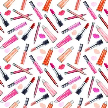 Seamless watercolor pattern with colored lipstick and gloss lip. 스톡 일러스트