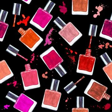 Seamless watercolor pattern with colored nail polish on black background. Stock Illustration