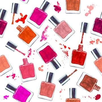 Seamless watercolor pattern with colored nail polish on white background. Stock Illustration