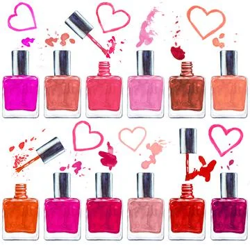 Seamless watercolor pattern with colored nail polish on white background. Illustrazione stock