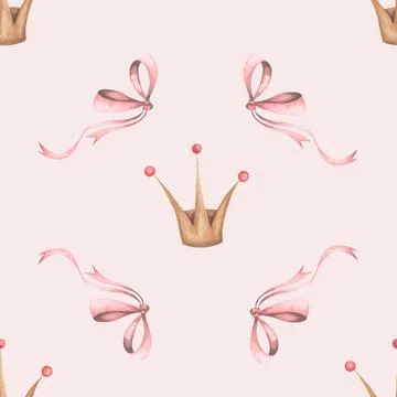 Seamless watercolor pattern with crown, key and pink bow. cute pattern for Stock Illustration
