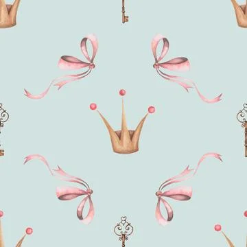 Seamless watercolor pattern with crown, key and pink bow. cute pattern for Stock Illustration
