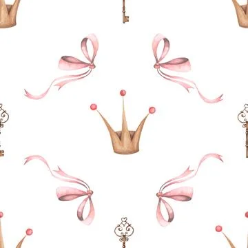 Seamless watercolor pattern with crown, key and bow. cute pattern for princesses Ilustración de archivo