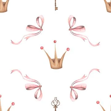 Seamless watercolor pattern with crown, key and pink bow. cute pattern for Stock Illustration
