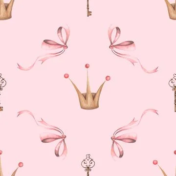 Seamless watercolor pattern with crown, key and pink bow. cute pattern for イラスト素材