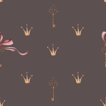 Seamless watercolor pattern with crown, key and pink bow. cute pattern for Illustrazione stock