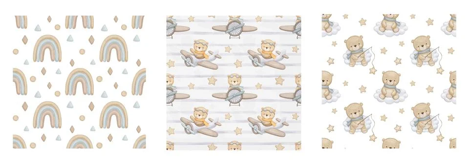 Seamless watercolor pattern with cute bear in neutral colors Bear pilot on .. Stock Illustration