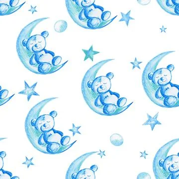 Seamless watercolor pattern, cute funny vintage toys of teddy bears on the moon Ilustração Stock