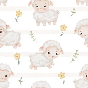 Seamless watercolor pattern with cute lamb, flower and stripes. Hand drawn sheep Stock Illustration