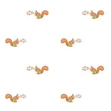 Seamless watercolor pattern of cute red squirrel in pants with a branch of Stock-Illustration