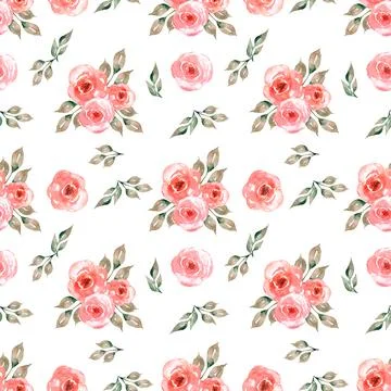 Seamless watercolor pattern with delicate florals in red, grey green leaves.. Illustrazione stock