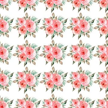 Seamless watercolor pattern with delicate florals in red, grey green leaves.. Stock Illustration