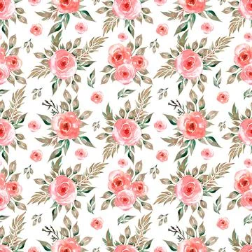 Seamless watercolor pattern with delicate florals in red, grey green leaves.. Stock Illustration