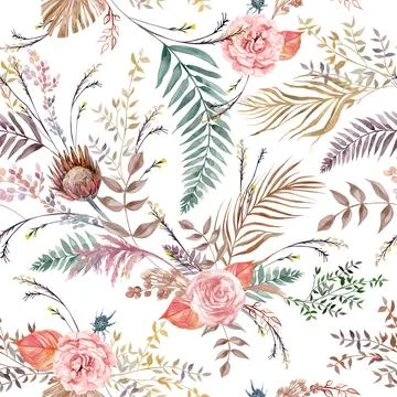 Seamless watercolor pattern with delicate rose and protea flowers and dried fern Stock Illustration