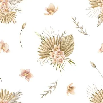 Seamless watercolor Pattern with dried Palm leaves and orchid flowers on Stock Illustration
