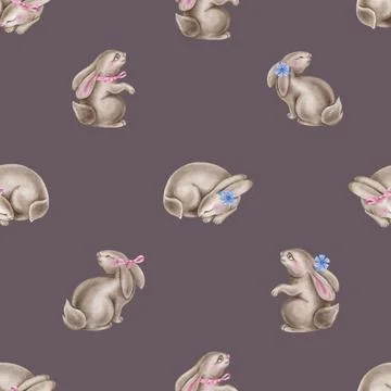 Seamless watercolor pattern with easter rabbits on a dusty brown background Illustrazione stock