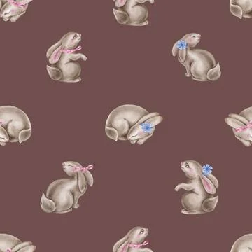 Seamless watercolor pattern with Easter rabbits on a brown background 库存插图
