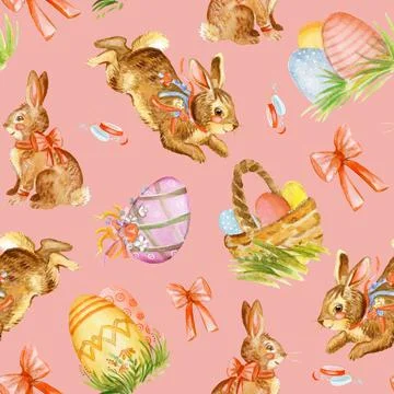Seamless watercolor pattern with easter rabbits pink Stock Photos