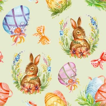 Seamless watercolor pattern with easter rabbits blue Stockfoto's