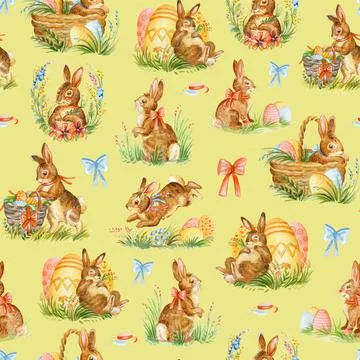Seamless watercolor pattern with easter rabbits yellow Stock Photos