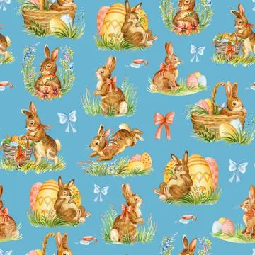 Seamless watercolor pattern with easter rabbits blue Stock Photos