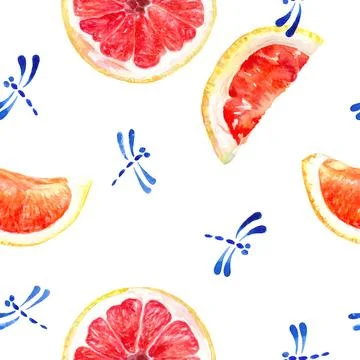 This seamless watercolor pattern features grapefruit slices and blue dragonflies Stockillustratie