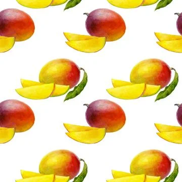 This seamless watercolor pattern features vibrant mangoes, perfect for Stock Illustration