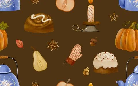 Seamless watercolor pattern featuring autumn pastries, tea, pumpkins, and c.. Stock Illustration