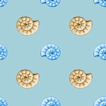 Seamless watercolor pattern featuring blue and brown seashells on a light b.. Stock Photos