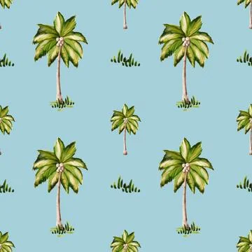 Seamless watercolor pattern featuring decorative palm trees on a light blue.. Stock Photos