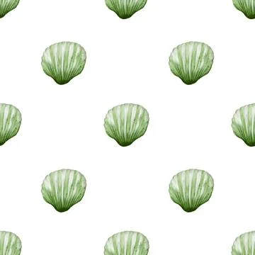 Seamless watercolor pattern featuring delicate green shells on a white back.. Stock Photos