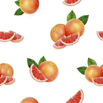 A Seamless Watercolor Pattern Featuring Grapefruit and Various Citrus Fruits in Stock Illustration
