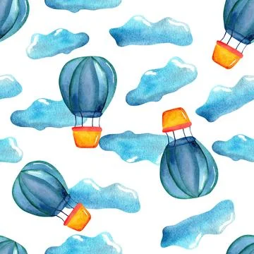 Seamless watercolor pattern featuring hot air balloons and fluffy clouds in a イラスト素材